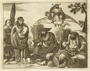 Kinesiske købmænd, der rådfører sig med spåkoner for at sikre en sikker rejse, illustration fra en beskrivelse af ambassader til Kina, 1690 af English School